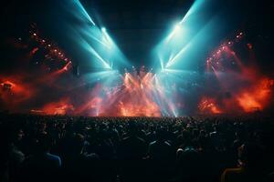 Ai generative Crowded Concert Stage Scenery With Spotlights and Colored Lights realistic image, ultra hd photo