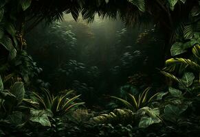 Ai Generative Beautiful jungle background with border made of tropical leaves backdrop with copy space photo