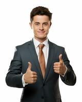 Ai generative photo business concept portrait of excited man dressed in formal wear giving thumbs up