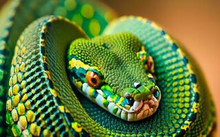 fascinante macro exploración, un cautivador de cerca revelador el Exquisito patrones de serpiente escamas. ai generado foto