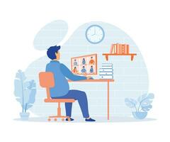 Worker using computer for collective virtual meeting and group video conference. flat vector modern illustration