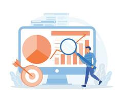 data analyst, worker checking data analyst on a big screen using magnifying glass, flat vector modern illustration