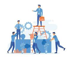 brainstorming and teamwork concept. Group of young business people working together with puzzles as symbol of collaborating, solving problems, flat vector modern illustration