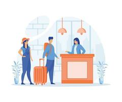 receptionist job. Client consulting manager at reception. Tourists checking in at hotel, flat vector modern illustration