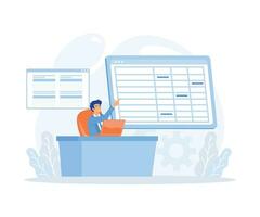 Man working with big data and databases, making analysis and report with spreadsheets on computer. flat vector modern illustration