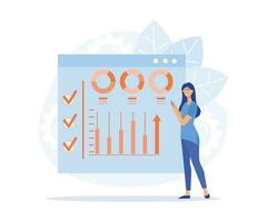 Digital marketing and promotion, Characters analyzing graph, charts and planning marketing strategy to achieve business goals. flat vector modern illustration