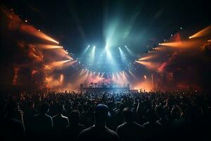 Ai generative Crowded Concert Stage Scenery With Spotlights and Colored Lights realistic image, ultra hd photo