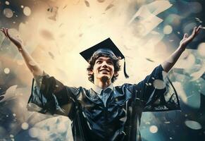 ai generativo doble exposición foto de joven hombre lanzamiento graduación gorra tecnología antecedentes realista imagen