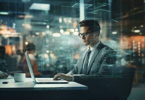 Ai generative double exposure photo of a business man using laptop on his desk front view office background realistic image, ultra hd, high design very detailed