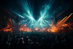 Ai generative Crowded Concert Stage Scenery With Spotlights and Colored Lights realistic image, ultra hd photo