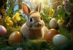 Ai generative photo happy bunny with many easter eggs on grass festive background for decorative design