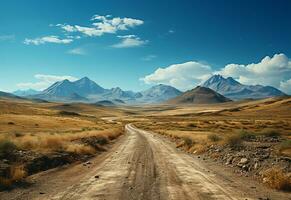 ai generativo foto la carretera claro cielo Desierto montañas paisaje realista imagen, ultra alta definición, alto diseño muy detallado