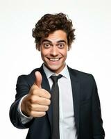 Ai generative photo business concept portrait of excited man dressed in formal wear giving thumbs up