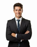 Ai Generative Photo happy businessman standing with arms crossed isolated on white background