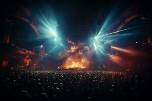 Ai generative Crowded Concert Stage Scenery With Spotlights and Colored Lights realistic image, ultra hd photo