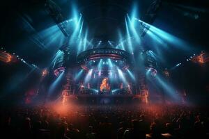 Ai generative Crowded Concert Stage Scenery With Spotlights and Colored Lights realistic image, ultra hd photo