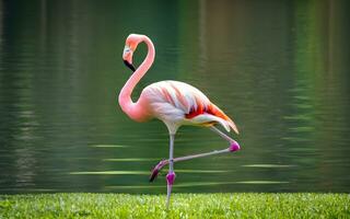 Poetic Elegance, A Balletic Flamingo's Graceful Pose in Perfect Harmony with Nature's Rhythm. AI Generated photo