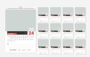 2024 wall calendar design template, modern print ready calendar layout template vector