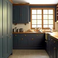 Dark blue country kitchen design, interior decor and house improvement, classic English in frame kitchen cabinets, countertop and applience house, elegant cottage style, generative ai photo