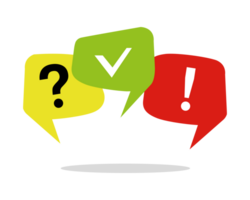 Colorful message box with question mark, exclamation point and check mark. Question and answer speech bubble symbol. Vector illustration png