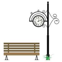 Retro clock and wooden bench. Vintage clock on pole and bench elegance for seat in park. Vector illustration