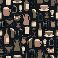 Seamless coffee vector pattern with a set of dishes drawn in doodle style.