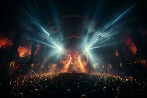 Ai generative Crowded Concert Stage Scenery With Spotlights and Colored Lights realistic image, ultra hd photo