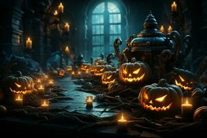 Halloween background with pumpkins and haunted house - 3D render. Halloween background photo