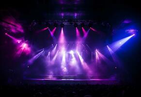 Ai generative Concert Stage Scenery With Spotlights Colored Lights Smoke photo