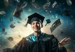 Ai generative Double exposure photo of Young man throwing graduation cap technology background realistic image