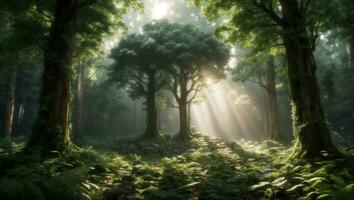 A dense forest with sunlight nature background AI Generated photo