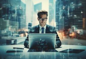 Ai generative double exposure photo of a business man using laptop on his desk front view office background realistic image, ultra hd, high design very detailed