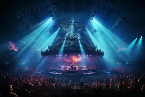 Ai generative Crowded Concert Stage Scenery With Spotlights and Colored Lights realistic image, ultra hd photo