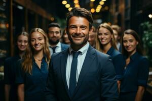 Ai Generative group of happy business man and business women, dressed in suits are smiling, in the office photo