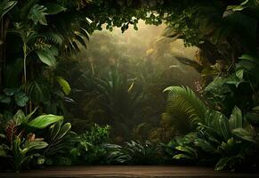 Ai Generative Beautiful jungle background with border made of tropical leaves backdrop with copy space photo