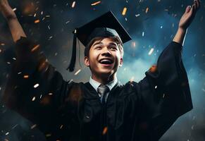 Ai generative Double exposure photo of Young man throwing graduation cap technology background realistic image