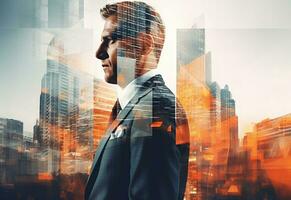 Ai generative A Double Exposure of a Businessman in the Cityscape Embodies Success and Future Plans photo