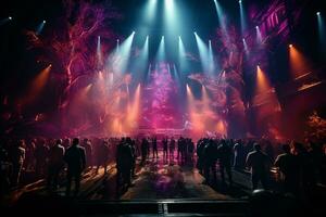 Ai generative Crowded Concert Stage Scenery With Spotlights and Colored Lights realistic image, ultra hd photo