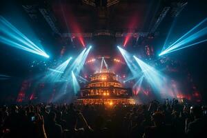 Ai generative Crowded Concert Stage Scenery With Spotlights and Colored Lights realistic image, ultra hd photo