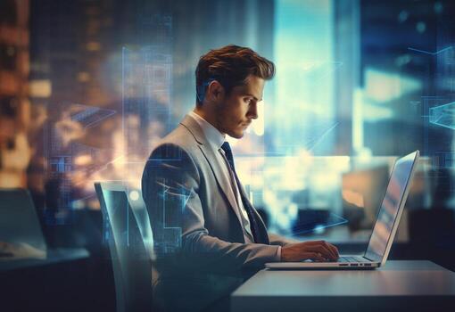 Ai Generative double exposure photo of a business man using laptop on his desk front view office background