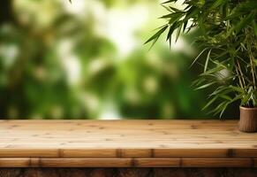 Ai Generative Wooden table on bamboo plant background realistic image ultra hd high design very detailed photo