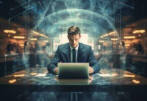 Ai Generative double exposure photo of a business man using laptop on his desk front view office background