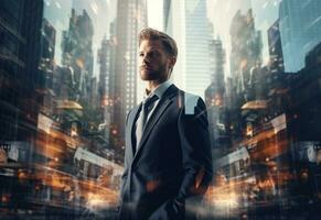 Ai generative A Double Exposure of a Businessman in the Cityscape Embodies Success and Future Plans photo