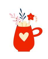 Red mug with hot drink, marshmallow and candy cane. Autumn and winter warm beverages. Christmas and New year season. Retro vintage. vector