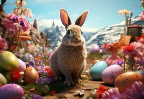 Ai generative photo happy bunny with many easter eggs on grass festive background for decorative design