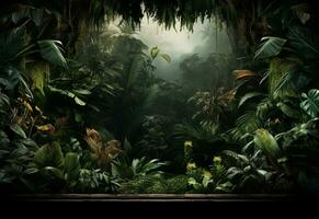 Beautiful jungle background with border made of tropical leaves backdrop with copy space photo