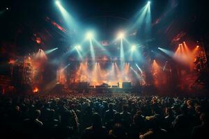 Ai generative Crowded Concert Stage Scenery With Spotlights and Colored Lights realistic image, ultra hd photo