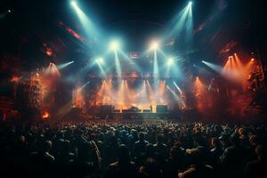 Ai generative Crowded Concert Stage Scenery With Spotlights and Colored Lights realistic image, ultra hd photo