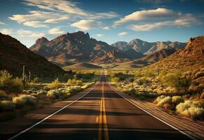 ai generativo foto la carretera claro cielo Desierto montañas paisaje realista imagen, ultra alta definición, alto diseño muy detallado