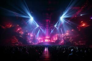 Ai generative Crowded Concert Stage Scenery With Spotlights and Colored Lights realistic image, ultra hd photo